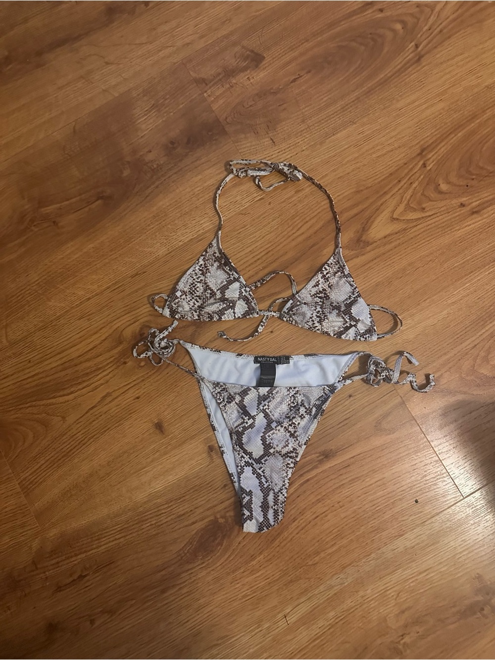 Nasty Gal Snakeskin Print Tie Bikini - Brown & Cream